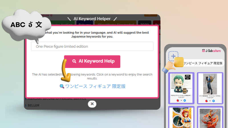 A visual infographic showing how a global user searches in English, uses J-Subculture’s AI Keyword Helper to generate Japanese keywords, and finds ideal items on Japanese marketplaces like Mercari and JDirectItems Auction.