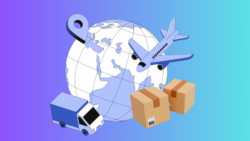 Illustration of global shipping with airplane, truck, boxes, and world map representing international delivery and logistics services