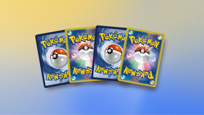 Backs of Japanese and English Pokémon cards displayed in a row on a gradient background