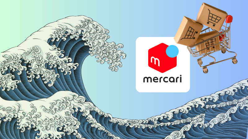 Mercari Japan logo with rising global shopping trend symbolized by waves and a cart of packages, representing proxy buying from Japan